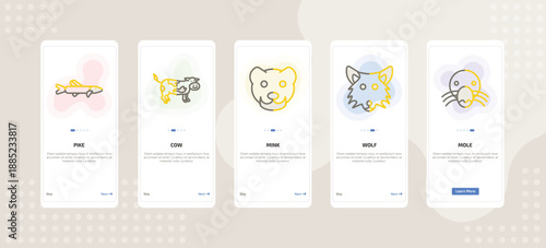 onboarding screen template for animals mobile app ui with pike, cow, mink, wolf, mole icons.