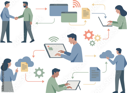 Integrated Digital Business Ecosystem and Collaborative Workflow Vector Illustration