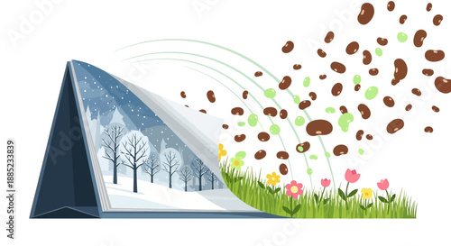 Illustration of a Setsubun bean throwing ritual with a character, oni, throwing beans from a folded page turning from winter to spring