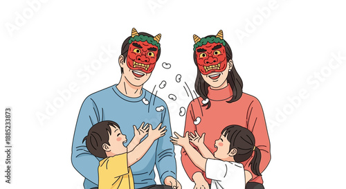 Vector illustration of a family wearing oni masks and participating in the Setsubun bean throwing ritual on a festive day.