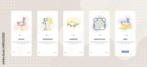 onboarding screen template for animals mobile app ui with ostrich, hummerhead, swordfish, guinea pig heag, swan icons.
