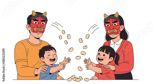 Illustration of a family wearing oni masks and throwing beans on a white background, participating in the Setsubun bean throwing ritual on a day.