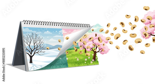 Illustration of a calendar flipping from winter to spring with beans and blossoms flying out, depicting the Setsubun Bean Throwing Ritual, on a clean white background.