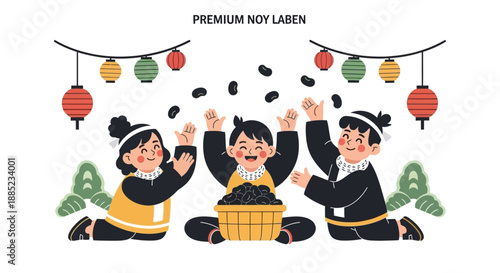 Vector illustration of people celebrating Setsubun by throwing beans in a joyful ritual with oni character on a white background with colorful lanterns.