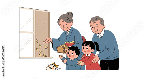 A family of four celebrating Setsubun day by throwing beans through an open window in a joyful and playful illustration with a mix of vibrant colors.