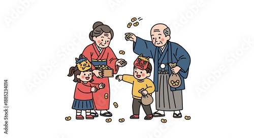 Illustration of a family in traditional clothing celebrating Setsubun by throwing beans on a white background with a cheerful mood.