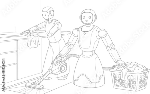 Two futuristic humanoid domestic service robots diligently performing household chores including vacuuming cleaning countertops and carrying laundry in a modern home setting