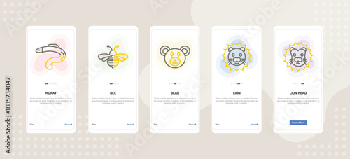 onboarding screen template for animals mobile app ui with moray, bee, bear, lion, lion head icons.
