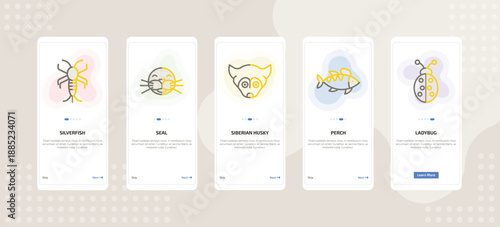 onboarding screen template for animals mobile app ui with silverfish, seal, siberian husky, perch, ladybug icons.
