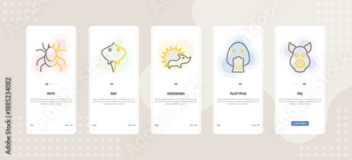 onboarding screen template for animals mobile app ui with mite, ray, hedgehog, platypus, pig icons.