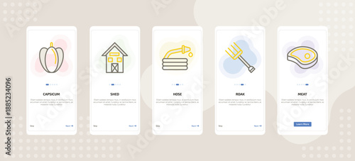 onboarding screen template for farming and gardening mobile app ui with capsicum, shed, hose, roak, meat icons.