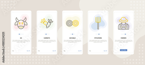 onboarding screen template for farming and gardening mobile app ui with ox, carrots, hay bale, pitchfork, farmer icons.