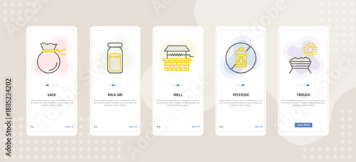 onboarding screen template for farming and gardening mobile app ui with sack, milk jar, well, pesticide, trough icons.