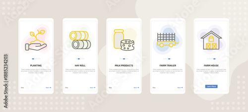 onboarding screen template for farming and gardening mobile app ui with planting, hay roll, milk products, farm trailer, farm house icons.