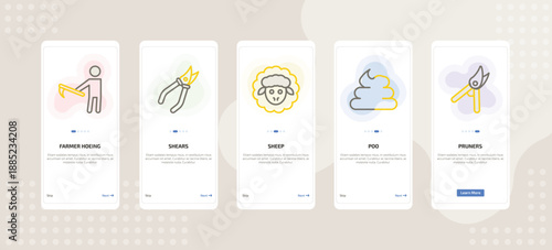 onboarding screen template for farming and gardening mobile app ui with farmer hoeing, shears, sheep, poo, pruners icons.