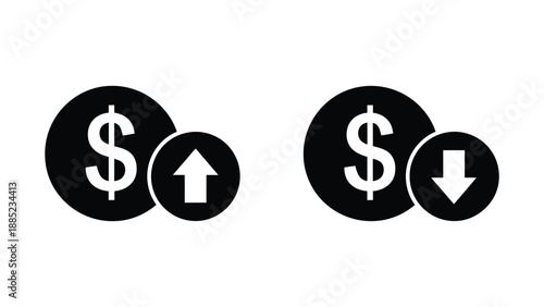 Simple black and white icons representing dollar value increase and decrease trends visually