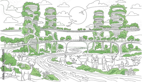 Futuristic sustainable city design featuring vertical gardens on skyscrapers connected by elevated walkways amidst abundant wildlife and flowing river water