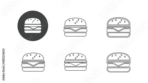 Set of various hamburger icons representing fast food options in line art styles
