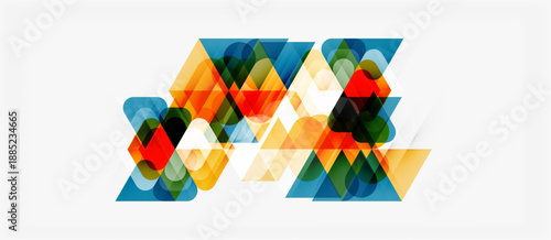 Abstract geometric shapes overlap, creating colorful patterns. Triangles, squares, circles blend into modern design. Bright hues dominate composition.