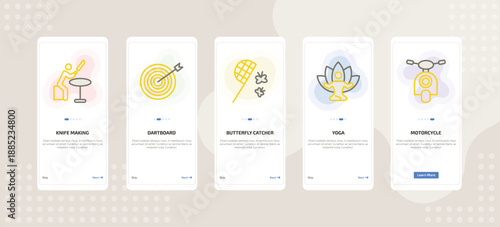 onboarding screen template for daily life activities mobile app ui with knife making, dartboard, butterfly catcher, yoga, motorcycle icons.