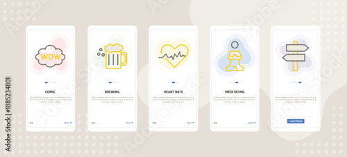 onboarding screen template for daily life activities mobile app ui with comic, brewing, heart rate, meditating,
