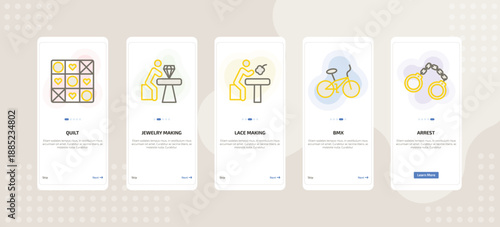 onboarding screen template for daily life activities mobile app ui with quilt, jewelry making, lace making, bmx, arrest icons.