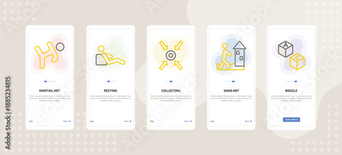 onboarding screen template for daily life activities mobile app ui with martial art, resting, collecting, sand art, boggle icons.