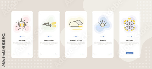 onboarding screen template for weather mobile app ui with sunshine, sand storms, blanket of fog, sunrise, freezing icons.