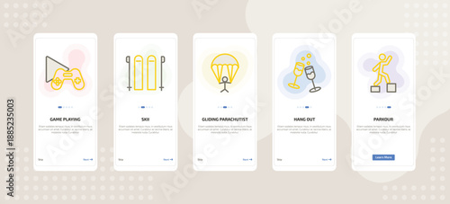 onboarding screen template for daily life activities mobile app ui with game playing, skii, gliding parachutist, hang out, parkour icons.