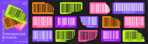 Torn bar code stickers set with colorful labels. Vector barcode tags with ripped edges for product scanning and packaging.