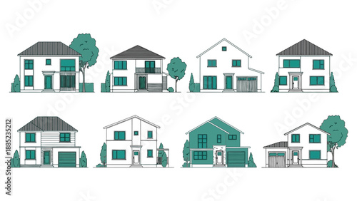 Collection of stylized residential house elevation drawings featuring modern suburban architecture designs.