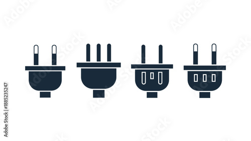 Collection of four dark blue electrical power plugs illustrating different international socket types clearly.