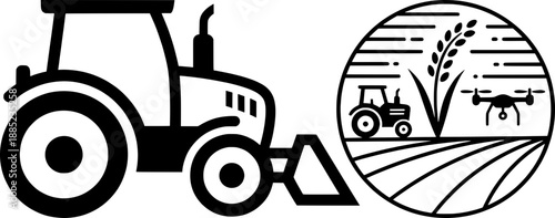 Modern smart farming vector concept. Tractor silhouette with front loader and circular agriculture emblem featuring a drone, crops, and farmland. Precision farming and agrotechnology icons.
