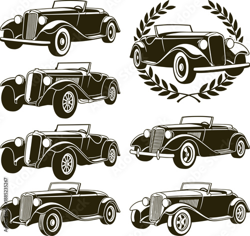Vintage classic car illustrations set. Retro convertible roadster silhouettes and emblems with laurel wreath. Antique automotive vector design elements for garage, racing, or club logos.