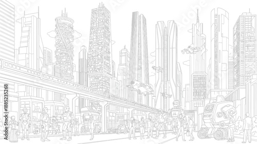 Detailed line art illustration depicting a bustling futuristic city street scene filled with diverse robots interacting with human pedestrians near elevated transit.
