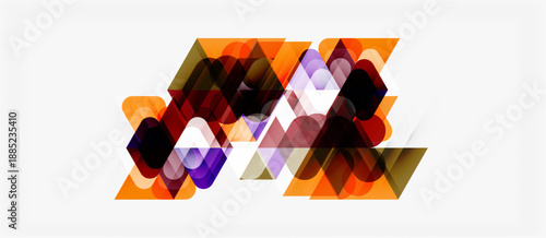 Abstract geometric shapes overlap, creating dynamic visual texture. Orange, purple, brown hues dominate composition. Modern design element.