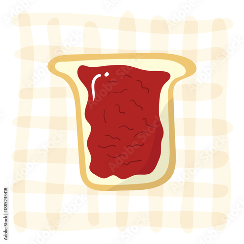 Bread with strawberry jam on a yellow tartan background.