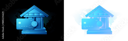 3D Blue Bank Building And Credit Card Illustration For Business Finance Money Banking Payment Concept Isolated On Png Transparent Background