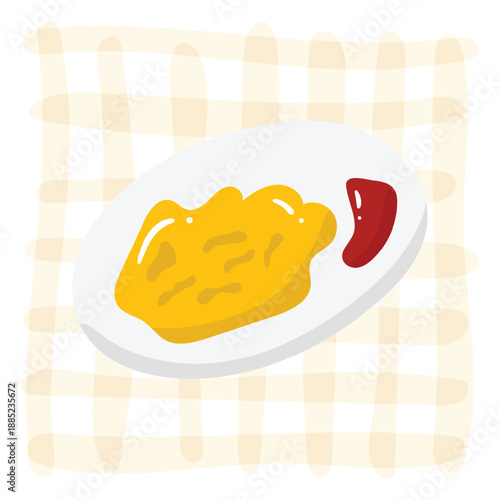 Omelette with ketchup on a white dish on a yellow tartan background