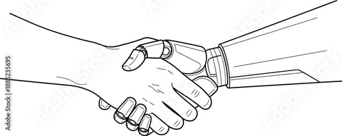 Black and white line art illustration depicting a firm handshake between a human hand and a detailed robotic android arm symbolizing cooperation and future technology integration.