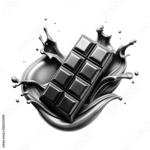 Monochrome halftone illustration of a chocolate bar splashing in liquid isolated on white, concept of dessert, sweetness, cocoa, indulgence, food advertising, and confectionery design.