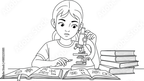Young focused student diligently adjusting a microscope while studying complex scientific concepts and chemistry formulas in open textbooks