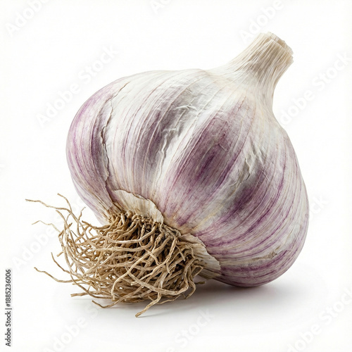 organic garlic bulb with its paper-thin skin intact, isolated on white