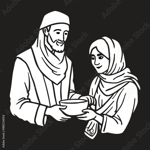 Muslim couple sharing food or giving charity during Ramadan, Islamic hand-drawn vector illustration in black and white.