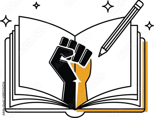 Symbol of empowered learning and activism featuring an open book a raised fist and a writing pencil representing education and social justice movements
