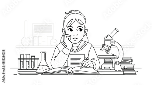 Young thoughtful female student focused intently on laboratory reading material surrounded by scientific equipment and glassware sketches for educational concepts
