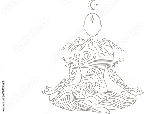 Meditating figure embodies the four classical elements earth air fire and water achieving inner peace and spiritual alignment through balanced energy flow