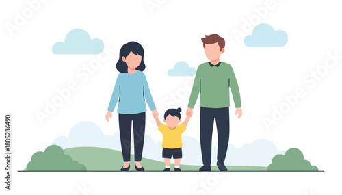 Family walking outdoors hand in hand with a small child on a sunny day clear sky vector art