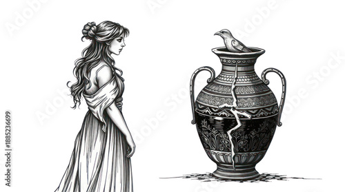 Elegant Woman Gazing at a Broken Ornate Vase with a Bird Inside