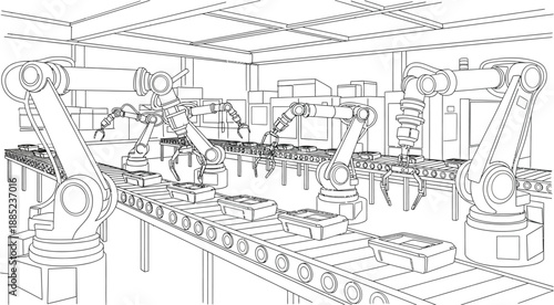 Numerous industrial robotic arms precisely assembling components along a modern automated manufacturing conveyor belt system in a factory setting.